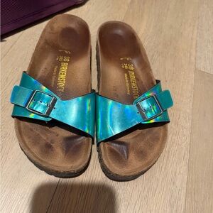 Birkenstock  Metallic Teal Single Strap Sandals